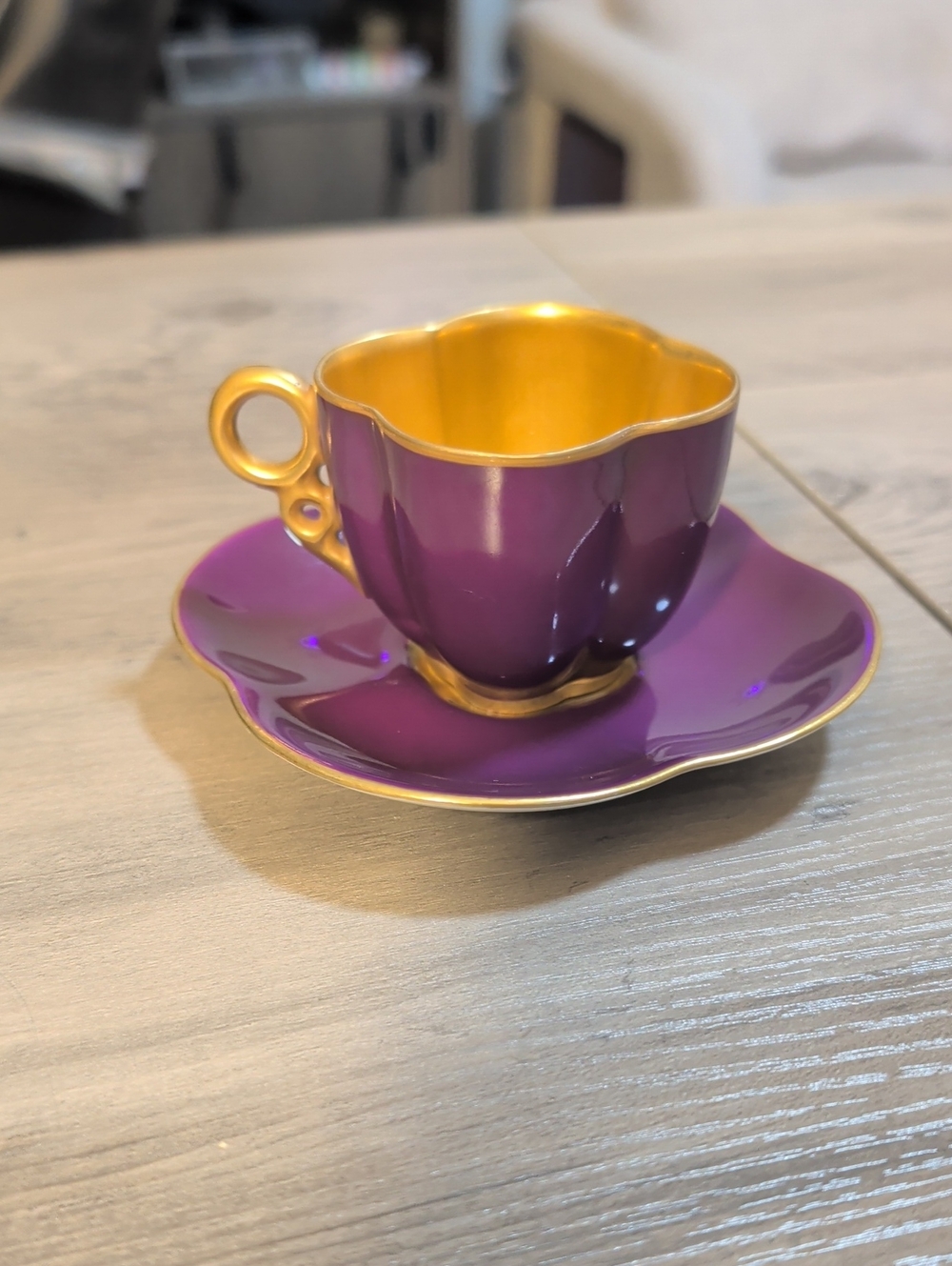Vintage Purple And Gold Quatrefoil Demitasse Cup and Saucer Set